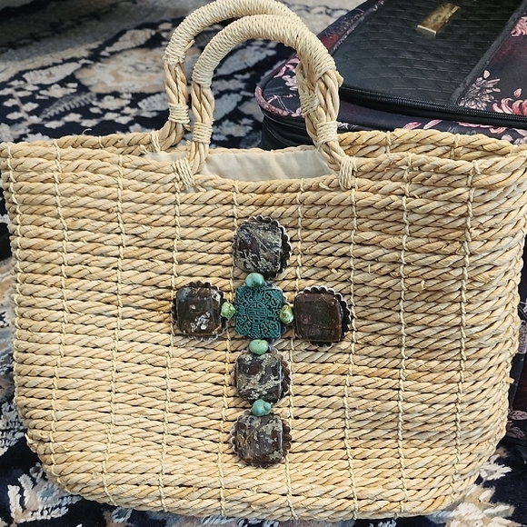 Handbags - Handcrafted Beige Straw Tote Bag with Decorative Accents